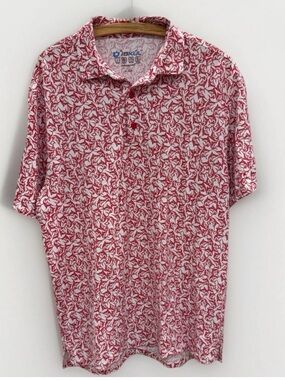 IBKUL Fish Marlin Print Polo Mens Large UPF 50 Golf Shirt Red White Performance